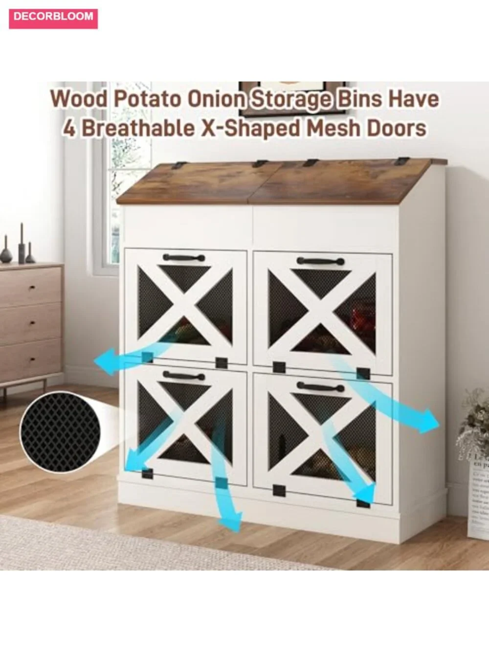 Wood Vegetable Storage Bin with Lid 6 Compartment Mesh Doors Bread Box